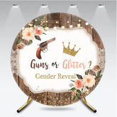 Aperturee - Aperturee Rustic Wood Gender Reveal Round Backdrop Cowboy or Princess Theme Floral Gold Glitter