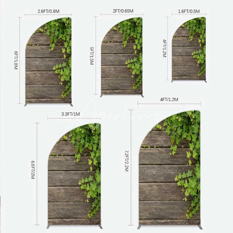Aperturee - Aperturee Rustic Wood Half Moon Arch Backdrop Dark Brown Wooden Planks with Green Ivy Leaves Background Wedding and Garden