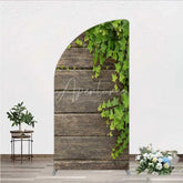 Aperturee - Aperturee Rustic Wood Half Moon Arch Backdrop Dark Brown Wooden Planks with Green Ivy Leaves Background Wedding and Garden