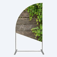 Aperturee - Aperturee Rustic Wood Half Moon Arch Backdrop Dark Brown Wooden Planks with Green Ivy Leaves Background Wedding and Garden