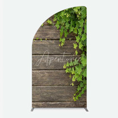 Aperturee - Aperturee Rustic Wood Half Moon Arch Backdrop Dark Brown Wooden Planks with Green Ivy Leaves Background Wedding and Garden
