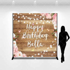 Aperturee - Aperturee Rustic Wood Happy Birthday Custom Backdrop with Pink Floral and String Lights Personalized Party Decor