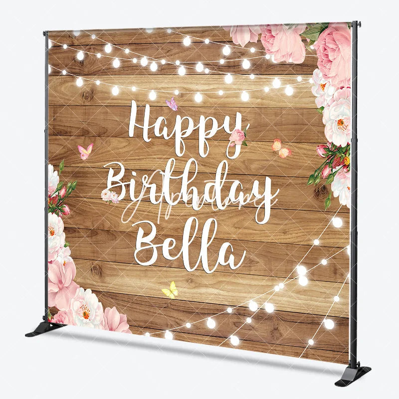 Aperturee - Aperturee Rustic Wood Happy Birthday Custom Backdrop with Pink Floral and String Lights Personalized Party Decor