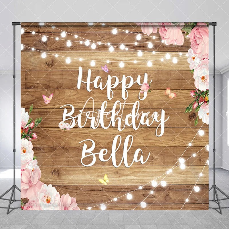 Aperturee - Aperturee Rustic Wood Happy Birthday Custom Backdrop with Pink Floral and String Lights Personalized Party Decor