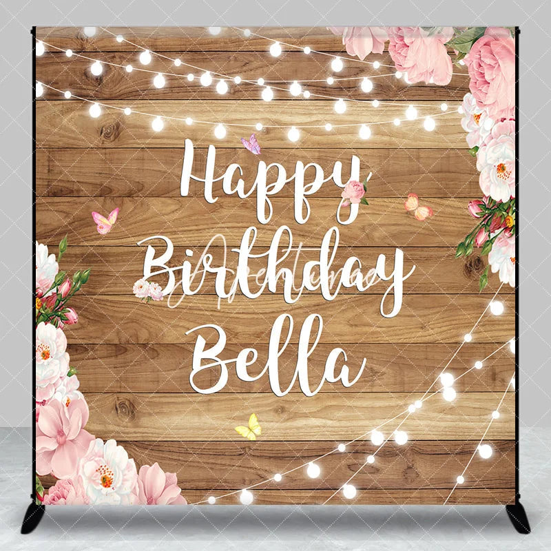 Aperturee - Aperturee Rustic Wood Happy Birthday Custom Backdrop with Pink Floral and String Lights Personalized Party Decor