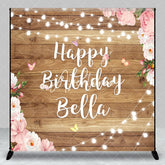 Aperturee - Aperturee Rustic Wood Happy Birthday Custom Backdrop with Pink Floral and String Lights Personalized Party Decor