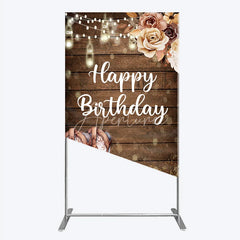 Aperturee - Aperturee Rustic Wood Happy Birthday Rectangle Arch Backdrop with Cowboy Boots String Lights and Golden Glitter