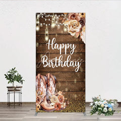 Aperturee - Aperturee Rustic Wood Happy Birthday Rectangle Arch Backdrop with Cowboy Boots String Lights and Golden Glitter