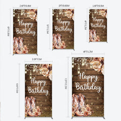Aperturee - Aperturee Rustic Wood Happy Birthday Rectangle Arch Backdrop with Cowboy Boots String Lights and Golden Glitter