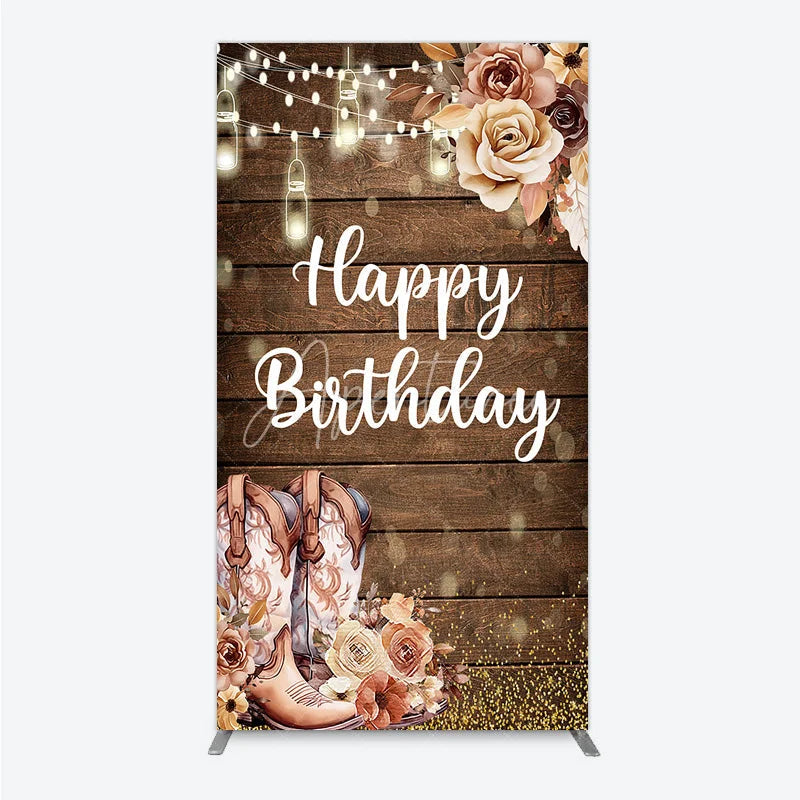 Aperturee - Aperturee Rustic Wood Happy Birthday Rectangle Arch Backdrop with Cowboy Boots String Lights and Golden Glitter