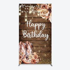 Aperturee - Aperturee Rustic Wood Happy Birthday Rectangle Arch Backdrop with Cowboy Boots String Lights and Golden Glitter