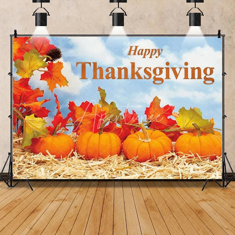 Aperturee - Aperturee Rustic Wood Harvest Scene Thanksgiving Day Backdrop Pumpkins and Maple Leaves Cozy Autumn Decoration