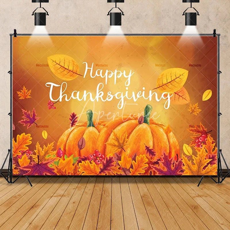 Aperturee - Aperturee Rustic Wood Harvest Scene Thanksgiving Day Backdrop Pumpkins and Maple Leaves Cozy Autumn Decoration