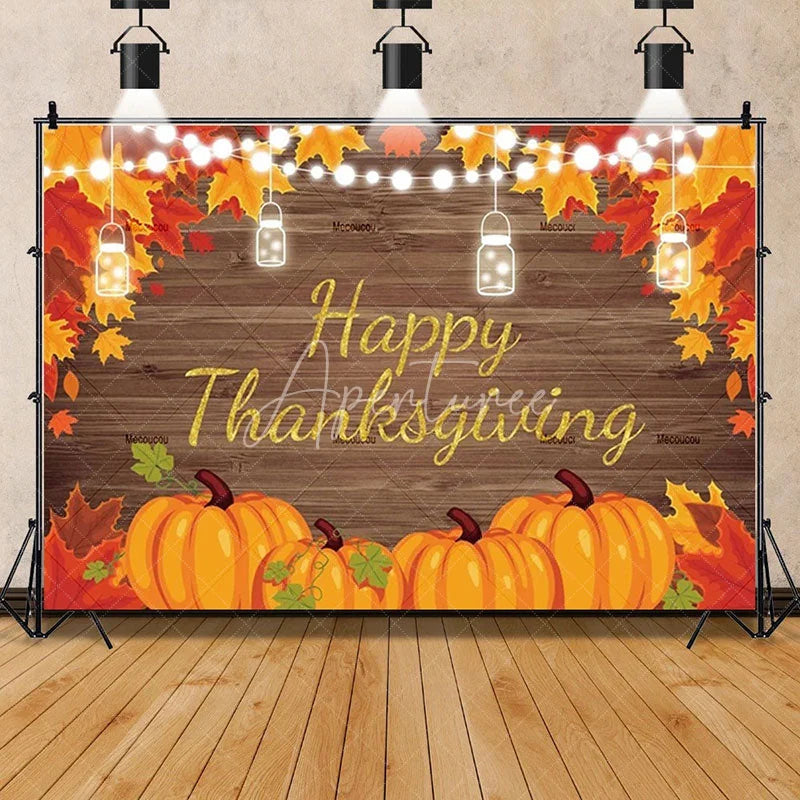 Aperturee - Aperturee Rustic Wood Harvest Scene Thanksgiving Day Backdrop Pumpkins and Maple Leaves Cozy Autumn Decoration