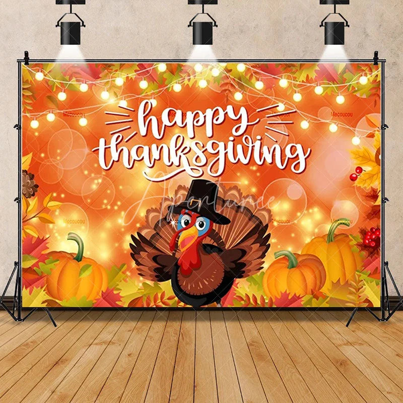 Aperturee - Aperturee Rustic Wood Harvest Scene Thanksgiving Day Backdrop Pumpkins and Maple Leaves Cozy Autumn Decoration