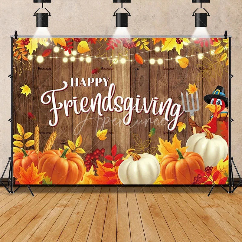 Aperturee - Aperturee Rustic Wood Harvest Scene Thanksgiving Day Backdrop Pumpkins and Maple Leaves Cozy Autumn Decoration