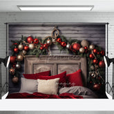 Aperturee Aperturee Rustic Wood Headboard Photography Backdrop Christmas Garland with Red Ornaments Farmhouse Bedroom Photo Prop