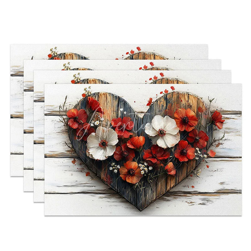 Aperturee - Aperturee Rustic Wood Heart Floral Set of 4 Placemats Red White Flower Valentine Decoration Farmhouse Love Table Mat