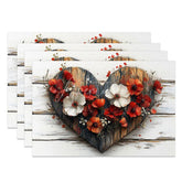 Aperturee - Aperturee Rustic Wood Heart Floral Set of 4 Placemats Red White Flower Valentine Decoration Farmhouse Love Table Mat