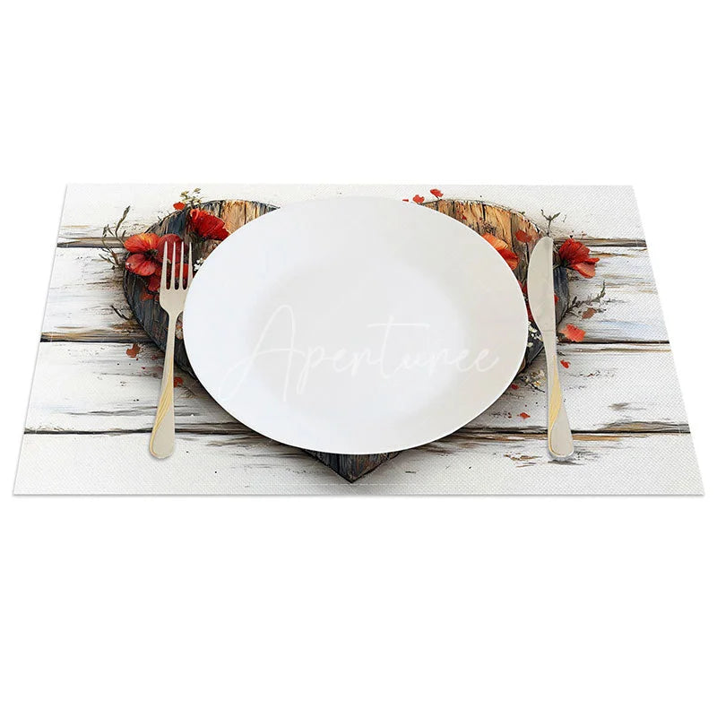 Aperturee - Aperturee Rustic Wood Heart Floral Set of 4 Placemats Red White Flower Valentine Decoration Farmhouse Love Table Mat