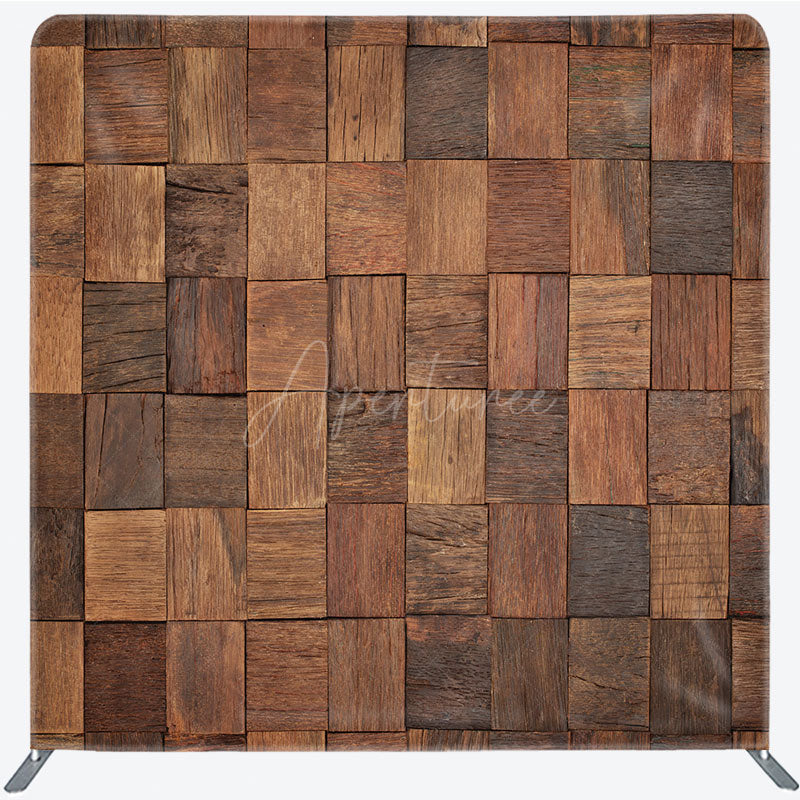 Aperturee - Aperturee Rustic Wood Mosaic Double-Sided Tension Fabric Backdrop 3D Blocks for Farmhouse Party Photo Booth Background