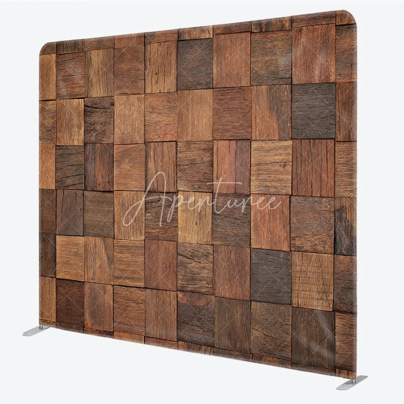 Aperturee - Aperturee Rustic Wood Mosaic Double-Sided Tension Fabric Backdrop 3D Blocks for Farmhouse Party Photo Booth Background