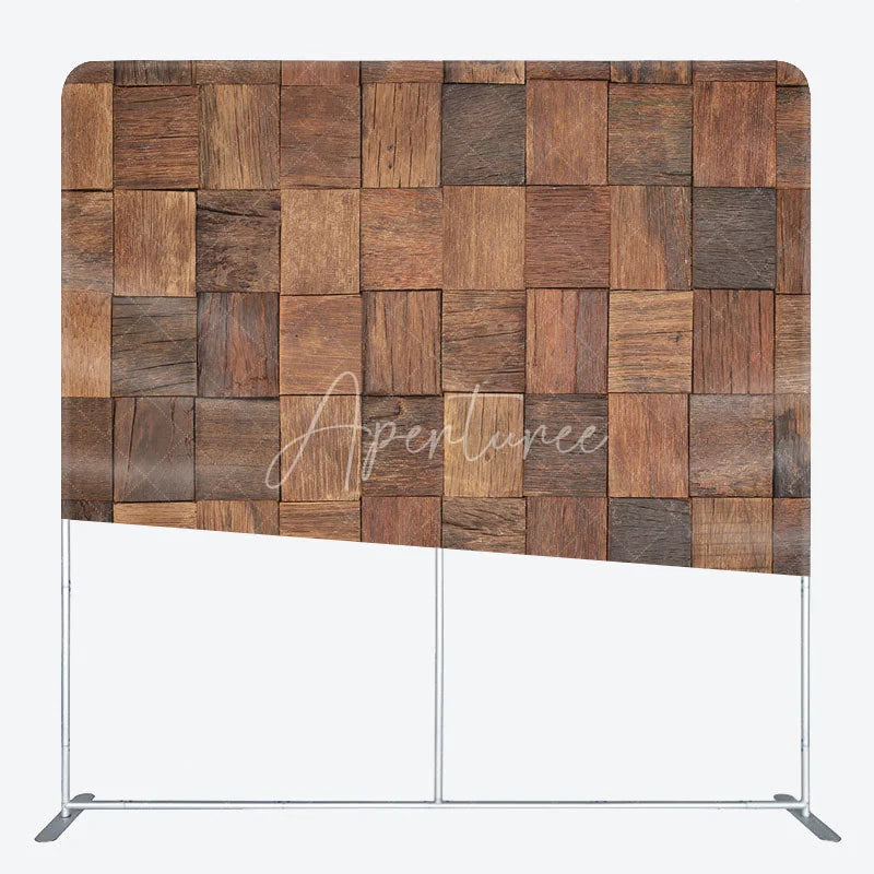 Aperturee - Aperturee Rustic Wood Mosaic Double-Sided Tension Fabric Backdrop 3D Blocks for Farmhouse Party Photo Booth Background