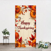 Aperturee - Aperturee Rustic Wood Panel Happy Thanksgiving Autumn Leaves and Pumpkins Rectangle Arch Backdrop Festive Fall Harvest Decor