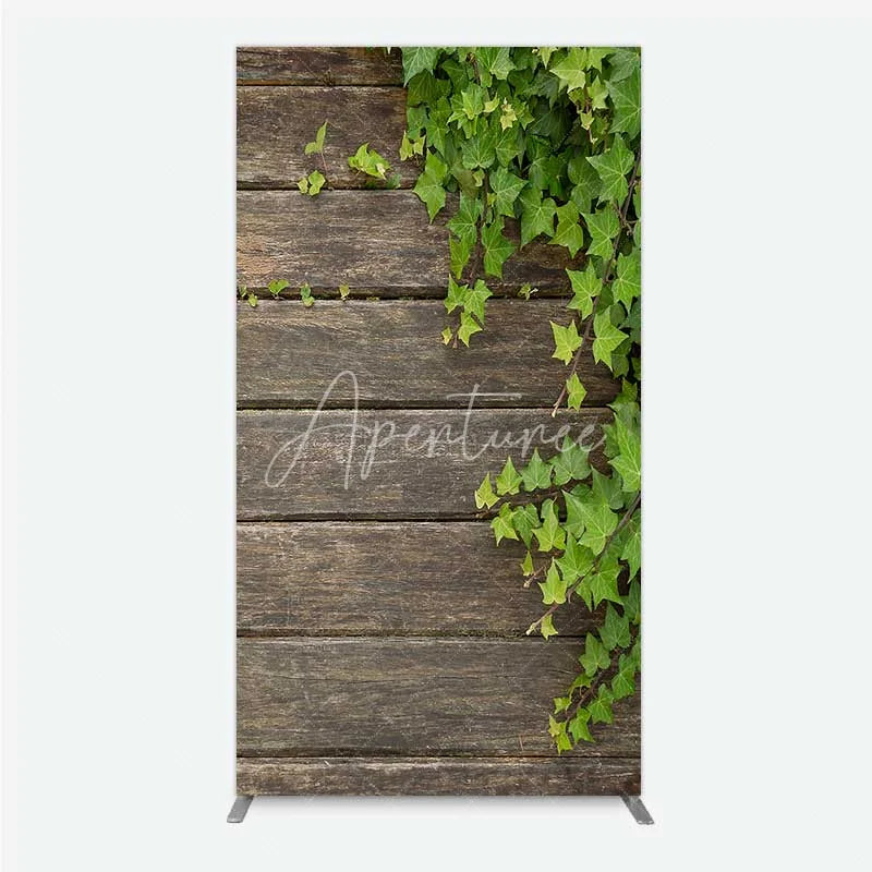Aperturee - Aperturee Rustic Wood Rectangle Backdrop Dark Brown Wooden Planks with Green Ivy Leaves Background Wedding and Garden Party