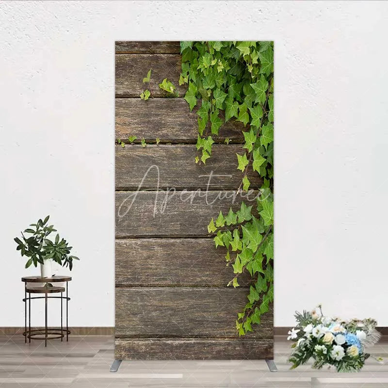 Aperturee - Aperturee Rustic Wood Rectangle Backdrop Dark Brown Wooden Planks with Green Ivy Leaves Background Wedding and Garden Party