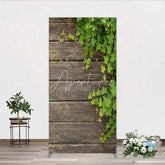 Aperturee - Aperturee Rustic Wood Rectangle Backdrop Dark Brown Wooden Planks with Green Ivy Leaves Background Wedding and Garden Party