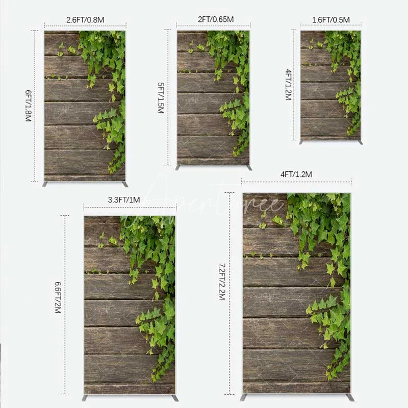 Aperturee - Aperturee Rustic Wood Rectangle Backdrop Dark Brown Wooden Planks with Green Ivy Leaves Background Wedding and Garden Party