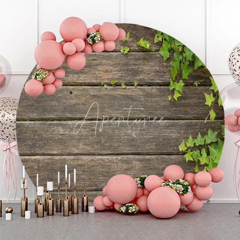 Aperturee - Aperturee Rustic Wood Round Backdrop Dark Brown Wooden Planks with Green Ivy Leaves Background Natural Garden Party Decor