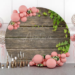 Aperturee - Aperturee Rustic Wood Round Backdrop Dark Brown Wooden Planks with Green Ivy Leaves Background Natural Garden Party Decor