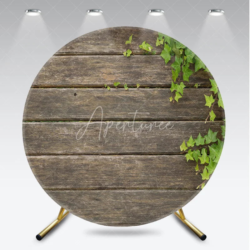 Aperturee - Aperturee Rustic Wood Round Backdrop Dark Brown Wooden Planks with Green Ivy Leaves Background Natural Garden Party Decor
