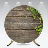 Aperturee - Aperturee Rustic Wood Round Backdrop Dark Brown Wooden Planks with Green Ivy Leaves Background Natural Garden Party Decor