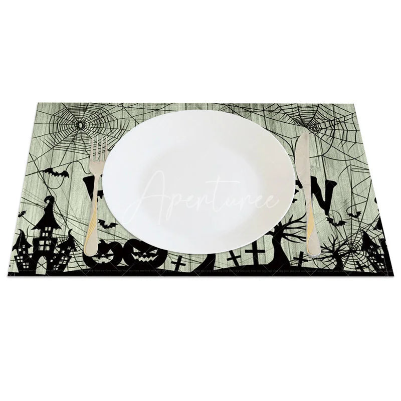 Aperturee - Aperturee Rustic Wood Texture with Cobweb Halloween Set of 4 Placemats for Spooky Farmhouse Party Decorations