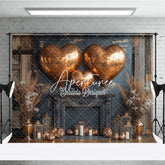 Aperturee - Aperturee Rustic Wood Wall Copper Heart Balloons Fireplace Photography Backdrop for Valentine’s Day Romantic Celebration