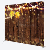 Aperturee - Aperturee Rustic Wood Wall Tension Fabric Backdrop with Autumn Leaves and Bokeh Lights Fall Wedding or Thanksgiving Party