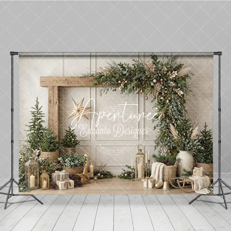 Aperturee - Aperturee Rustic Wooden Arch Christmas Garland Photography Backdrop Elegant Winter Holiday Decor with Pine Trees and Gifts
