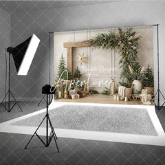 Aperturee - Aperturee Rustic Wooden Arch Christmas Garland Photography Backdrop Elegant Winter Holiday Decor with Pine Trees and Gifts