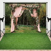 Aperturee - Aperturee Rustic Wooden Arch Floral Combo Set Backdrop Pink Draping Forest Wedding Photography Background