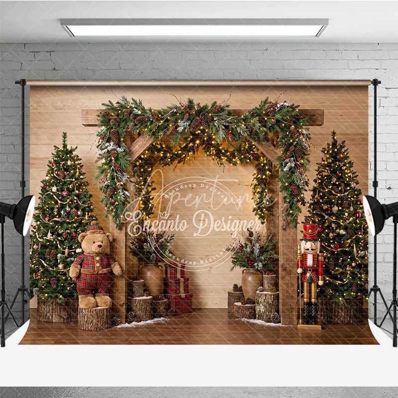 Aperturee - Aperturee Rustic Wooden Arch Holiday Backdrop with Decorated Christmas Trees Twinkling Lights Teddy Bear and Nutcracker Decor.