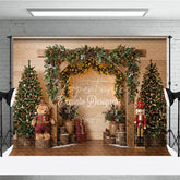 Aperturee - Aperturee Rustic Wooden Arch Holiday Backdrop with Decorated Christmas Trees Twinkling Lights Teddy Bear and Nutcracker Decor.