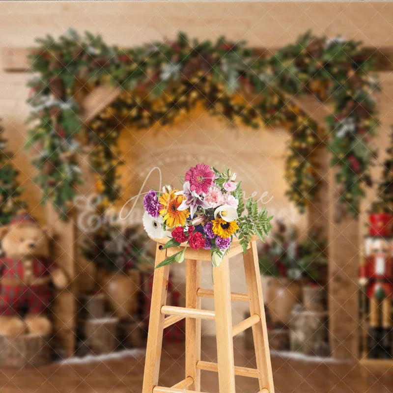 Aperturee - Aperturee Rustic Wooden Arch Holiday Backdrop with Decorated Christmas Trees Twinkling Lights Teddy Bear and Nutcracker Decor.