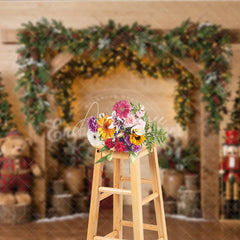 Aperturee - Aperturee Rustic Wooden Arch Holiday Backdrop with Decorated Christmas Trees Twinkling Lights Teddy Bear and Nutcracker Decor.