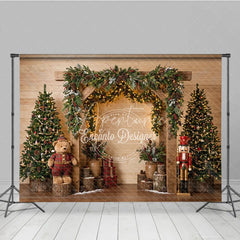 Aperturee - Aperturee Rustic Wooden Arch Holiday Backdrop with Decorated Christmas Trees Twinkling Lights Teddy Bear and Nutcracker Decor.