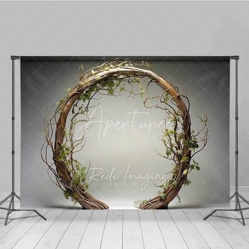 Aperturee - Aperturee Rustic Wooden Arch Photography Backdrop Round Twig Greenery Wedding Photo Background Simple Boho Ring Photo Booth Prop