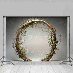Aperturee - Aperturee Rustic Wooden Arch Photography Backdrop Round Twig Greenery Wedding Photo Background Simple Boho Ring Photo Booth Prop