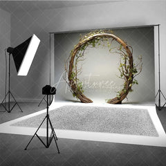 Aperturee - Aperturee Rustic Wooden Arch Photography Backdrop Round Twig Greenery Wedding Photo Background Simple Boho Ring Photo Booth Prop